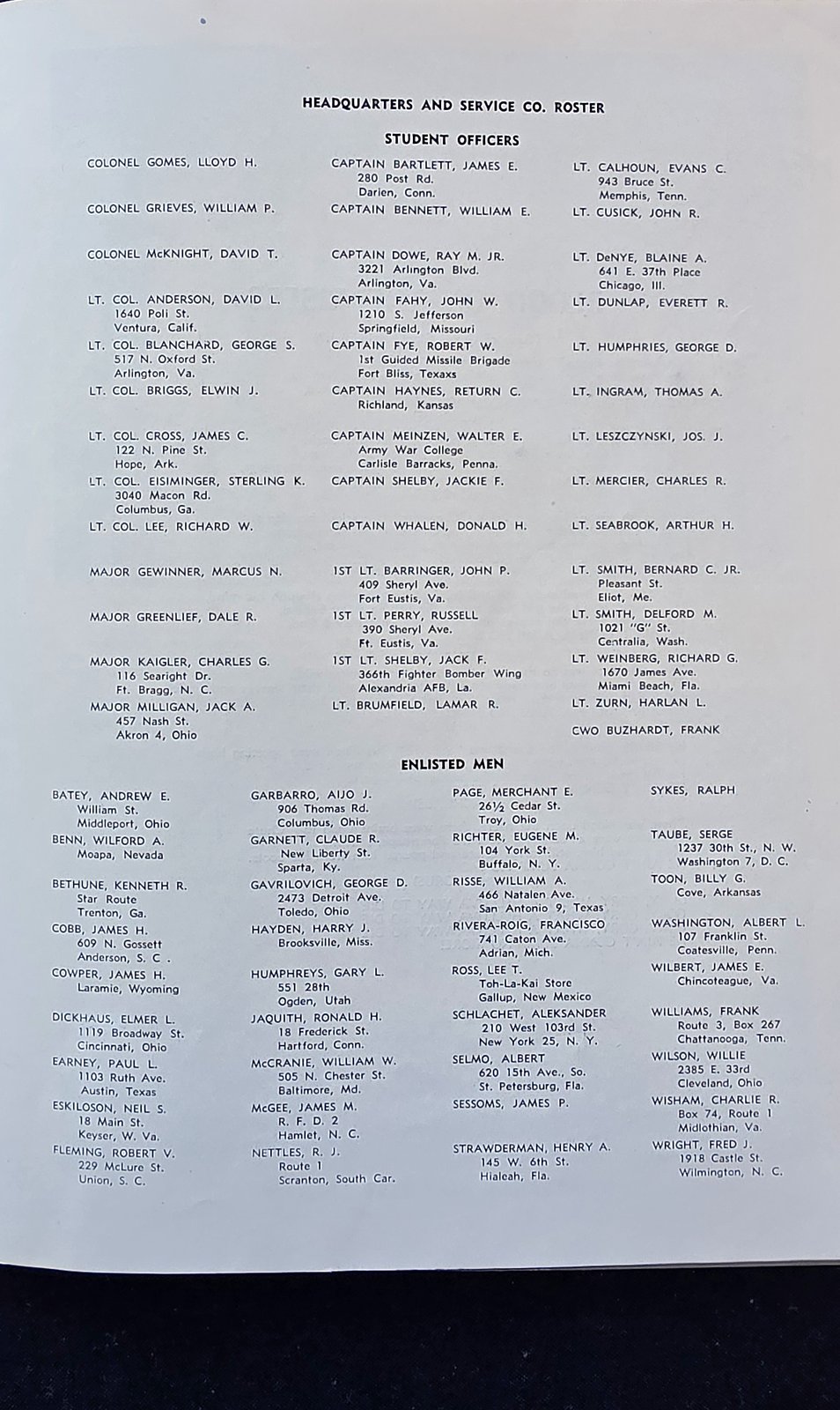 Classbook page titled Headquarters and Service Co. Roster, listing Student Officers and Enlisted Men with their home towns