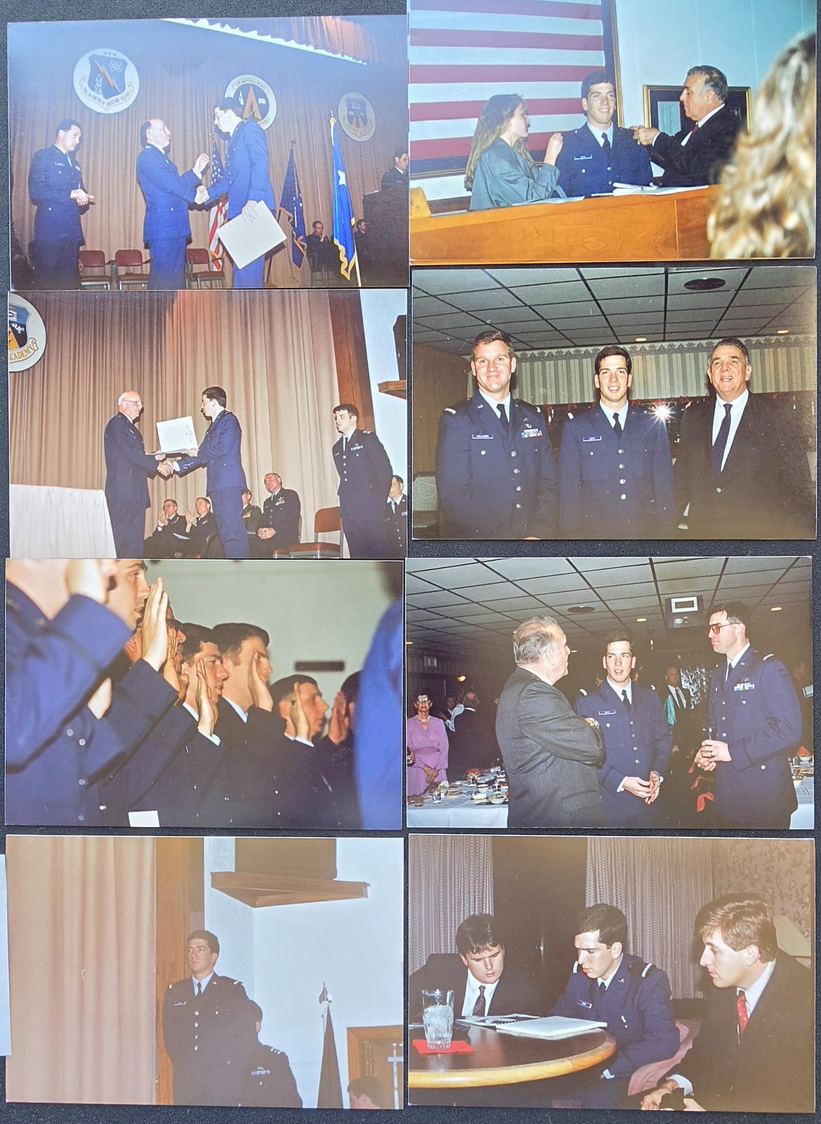 Eight color snapshots from a military graduation: diplomas presented on a stage, a group taking the oath with raised right hands, a swearing-in at a desk beside a U.S. flag, and a banquet