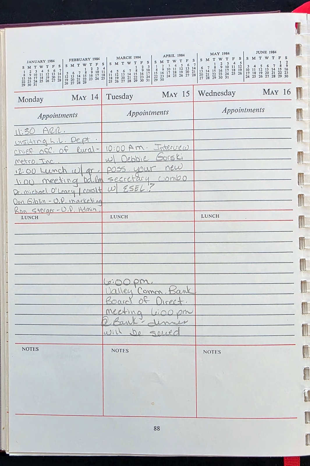 Diary page 88 for May 14 to 16, 1984, with handwritten appointments