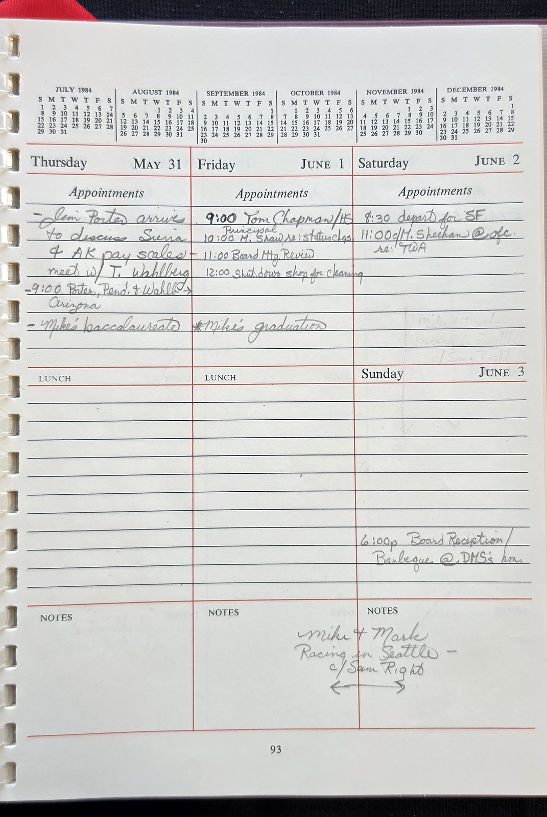 Diary page 93 for Thursday May 31 to Sunday June 3, 1984, with handwritten entries including Mike's baccalaureate, Mike's graduation, and a note Mike and Mark racing in Seattle