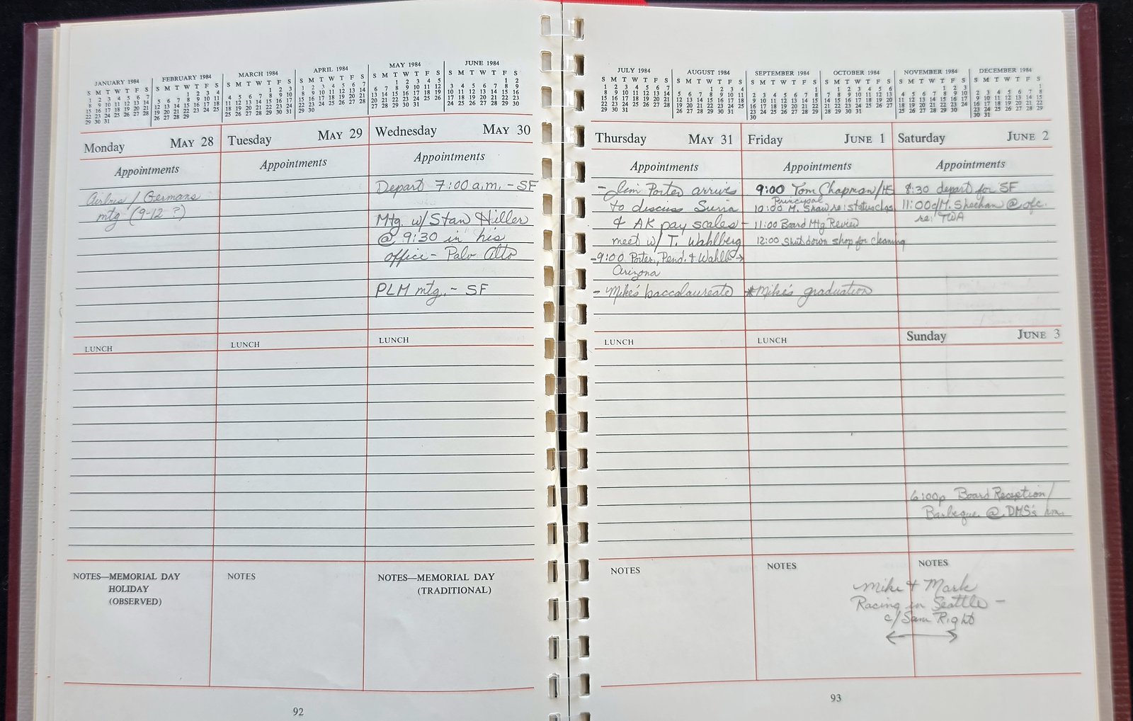 The diary open to pages 92 and 93, the week of May 28 to June 3, 1984, with Memorial Day printed on page 92