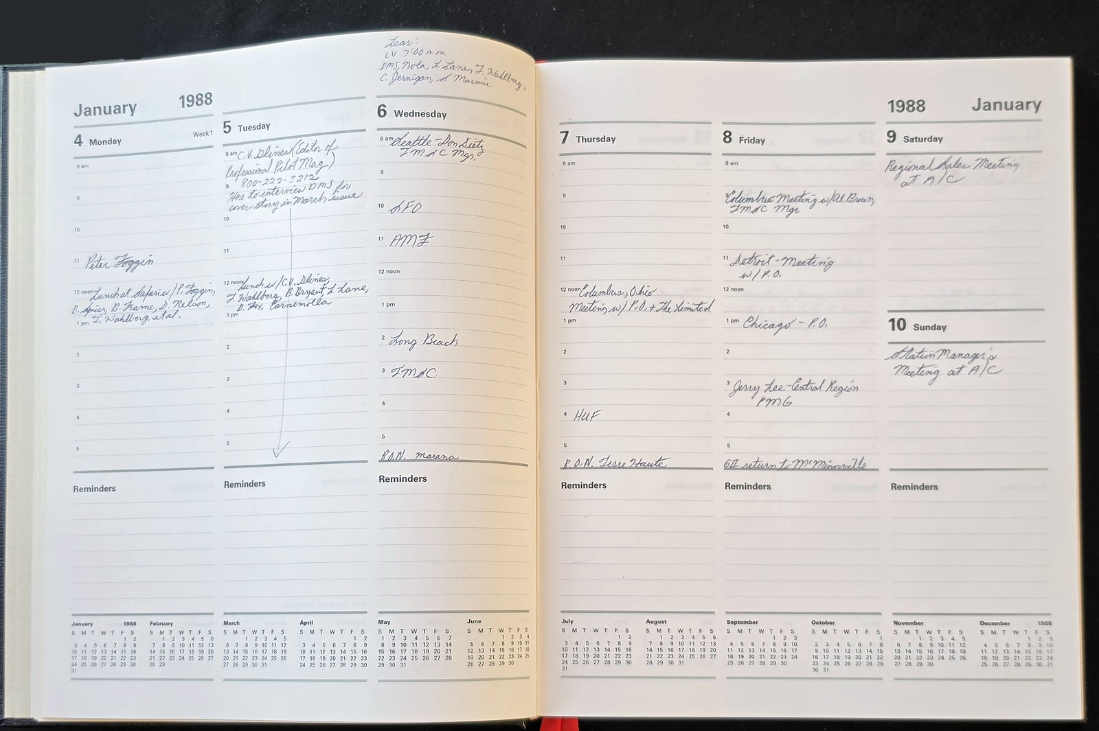 The 1988 diary open to the week of January 4 to 10, with handwritten appointments on most days