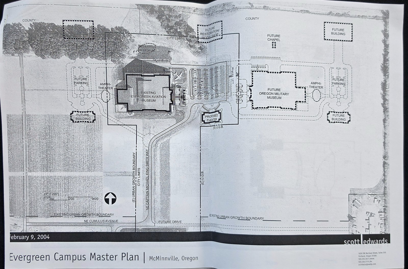 Evergreen Campus Master Plan dated February 9, 2004, an aerial-photo plan showing the existing aviation museum, a proposed theater, a future Oregon Military Museum, a future chapel and future buildings