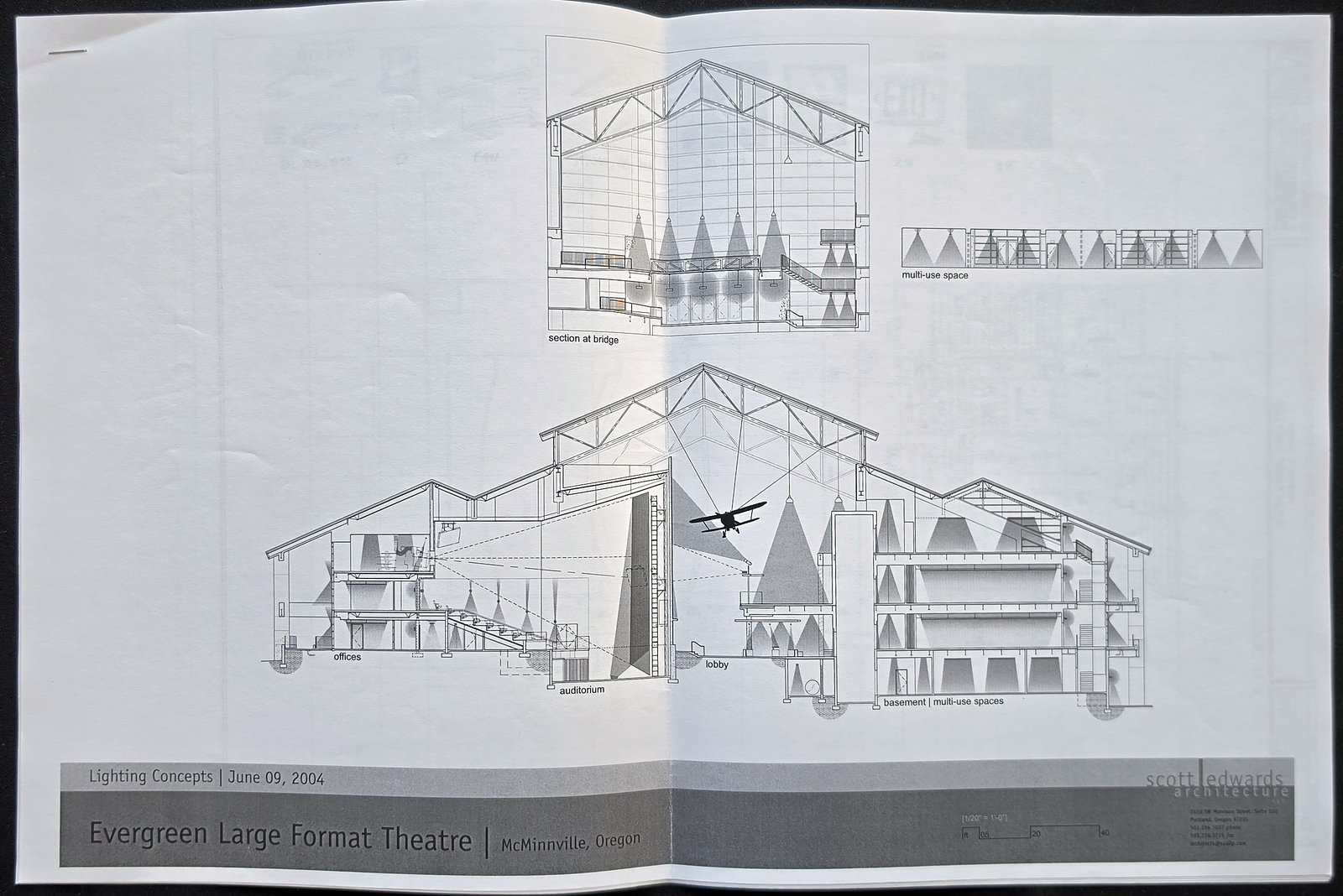 Lighting Concepts sheet dated June 9, 2004, with a long section through the theater labeled offices, auditorium, lobby and basement multi-use spaces, and a smaller section at the bridge