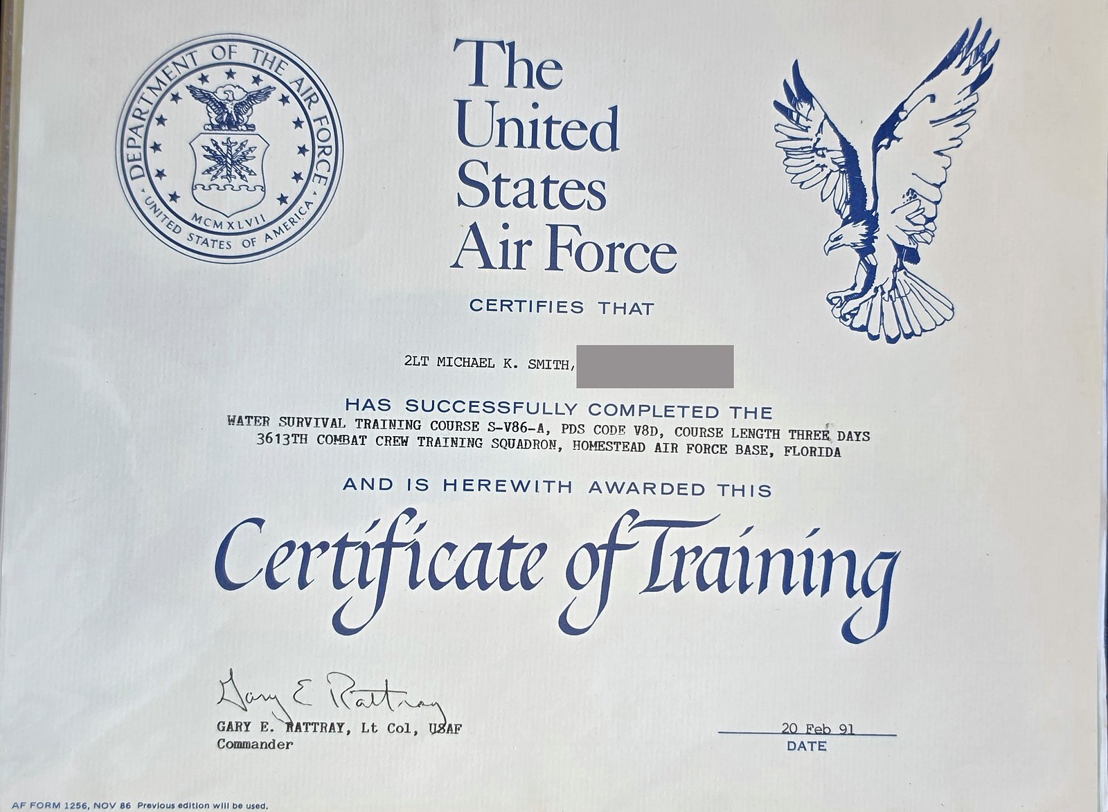 United States Air Force Certificate of Training for 2LT Michael K. Smith, Water Survival Training Course, 3613th Combat Crew Training Squadron, Homestead Air Force Base, Florida, dated 20 Feb 91; a personal number after his name is covered by a gray block