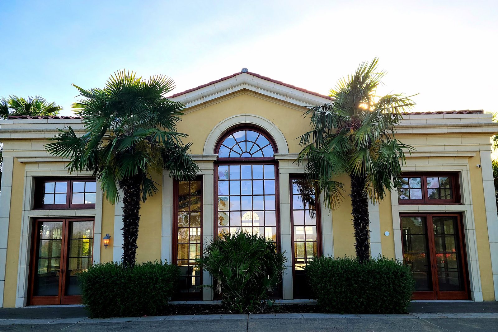 Wing of the villa with a tall arched window flanked by palms